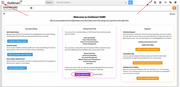how do I start a trial of OutSmart EMR - dashboard card shown when logged in pointing to areas where you can click to get to the subscriptions page and set up your free trial.